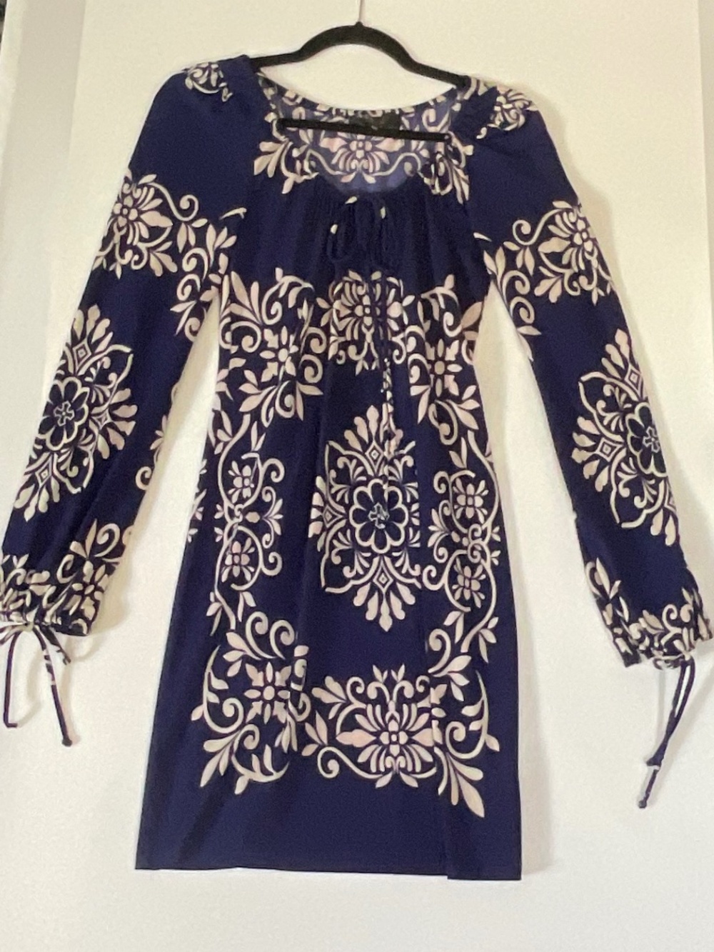 Romantic ABS Allen Schwartz Navy & Cream Baroque Puff Sleeve Mini Dress